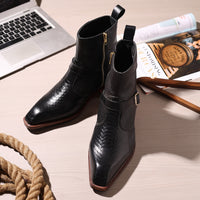 Godfather Series Men’s Pointed Cuban Heel Suede Leather Chain Boots - DYNOGEM