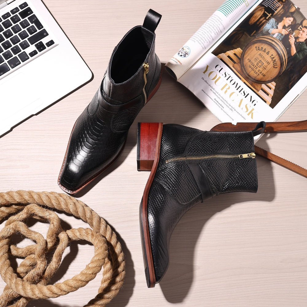 Godfather Series Men’s Pointed Cuban Heel Suede Leather Chain Boots - DYNOGEM