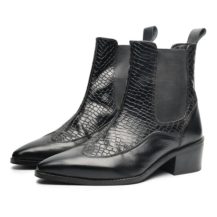 Godfather Series Men’s Pointed Brogue Cuban Heel Leather Chain Boots - DYNOGEM