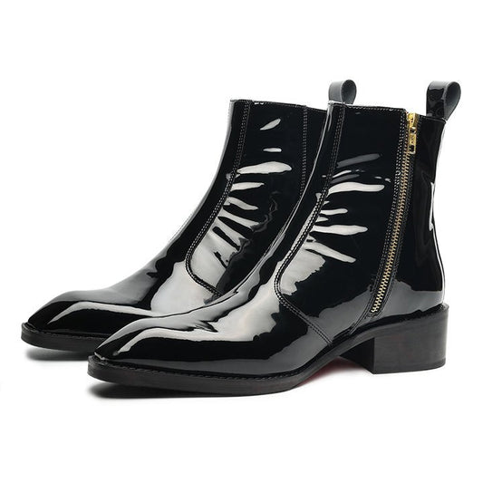 Godfather Series Men’s Italian Cuban Heel Patent Leather Chain Boots - DYNOGEM