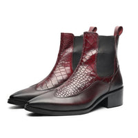 Godfather Series Men’s Pointed Crock Textured Cuban Heel Leather Chelsea Boots - DYNOGEM