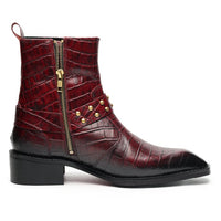 Godfather Series Men’s Italian Crock Textured with Harness Cuban Heel Leather Chain Boots - DYNOGEM