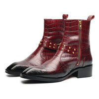 Godfather Series Men’s Italian Crock Textured with Harness Cuban Heel Leather Chain Boots - DYNOGEM