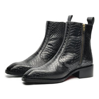 Godfather Series Men’s Italian Crock Textured Cuban Heel Leather Chain Boots - DYNOGEM