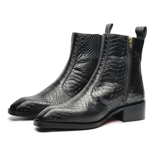 Godfather Series Men’s Italian Crock Textured Cuban Heel Leather Chain Boots - DYNOGEM
