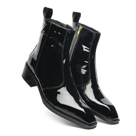 Godfather Series Men’s Italian Cuban Heel Patent Leather Chain Boots - DYNOGEM