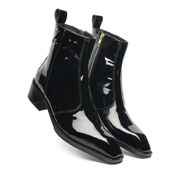 Godfather Series Men’s Italian Cuban Heel Patent Leather Chain Boots - DYNOGEM