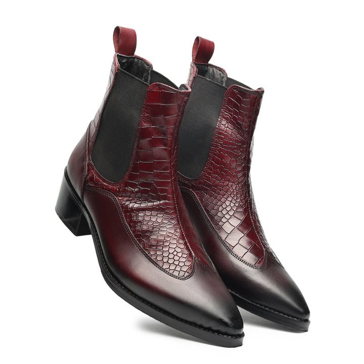 Godfather Series Men’s Pointed Crock Textured Cuban Heel Leather Chelsea Boots - DYNOGEM