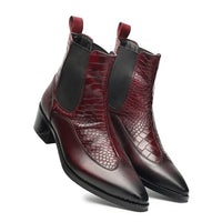 Godfather Series Men’s Pointed Crock Textured Cuban Heel Leather Chelsea Boots - DYNOGEM