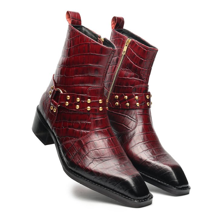 Godfather Series Men’s Italian Crock Textured with Harness Cuban Heel Leather Chain Boots - DYNOGEM
