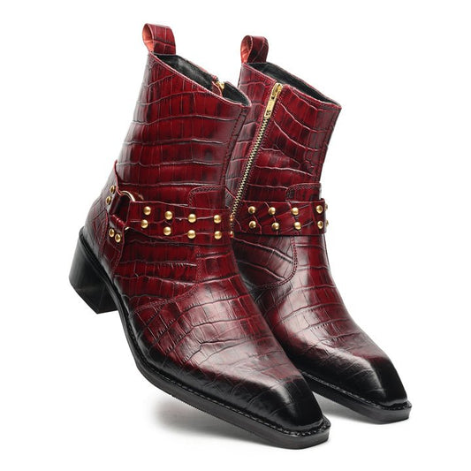 Godfather Series Men’s Italian Crock Textured with Harness Cuban Heel Leather Chain Boots - DYNOGEM