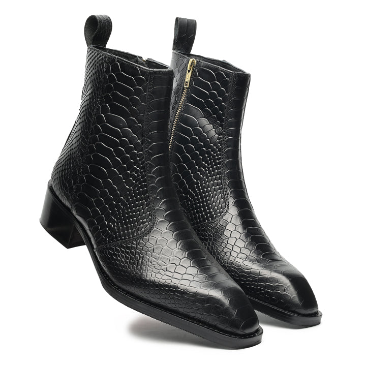 Godfather Series Men’s Italian Crock Textured Cuban Heel Leather Chain Boots - DYNOGEM