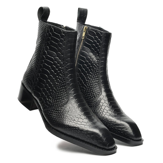 Godfather Series Men’s Italian Crock Textured Cuban Heel Leather Chain Boots - DYNOGEM