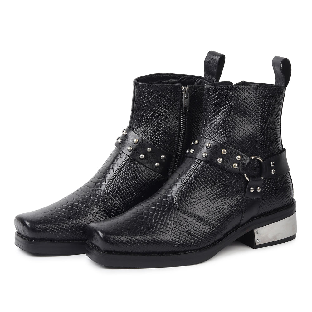 DYNOGEM "Superstar" Edition - Men's Black Snake-Textured Cuban Heel Chelsea Boot with Steel Plate - DYNOGEM