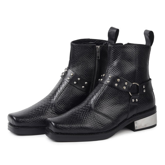 DYNOGEM "Superstar" Edition - Men's Black Snake-Textured Cuban Heel Chelsea Boot with Steel Plate - DYNOGEM