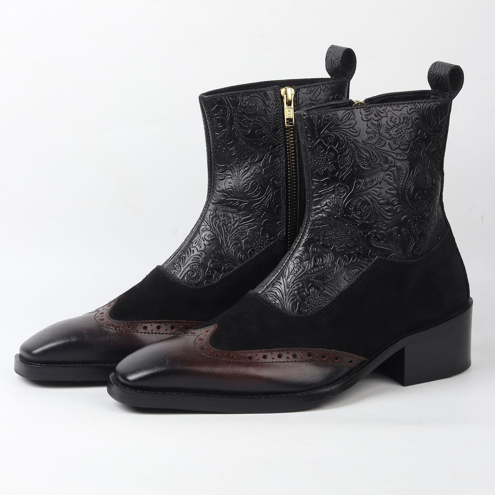 Maharaja Royal Dual-Tone Black Suede & Brown Embroidered Chelsea Boots - DYNOGEM