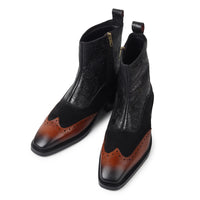 Maharaja Royal Dual-Tone Black Suede & Light Brown Embroidered Italian Toe Chelsea Boots - DYNOGEM